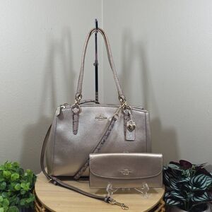 Coach Christie Carryall in Metallic Leather with Exotic Trim and Matching Wallet